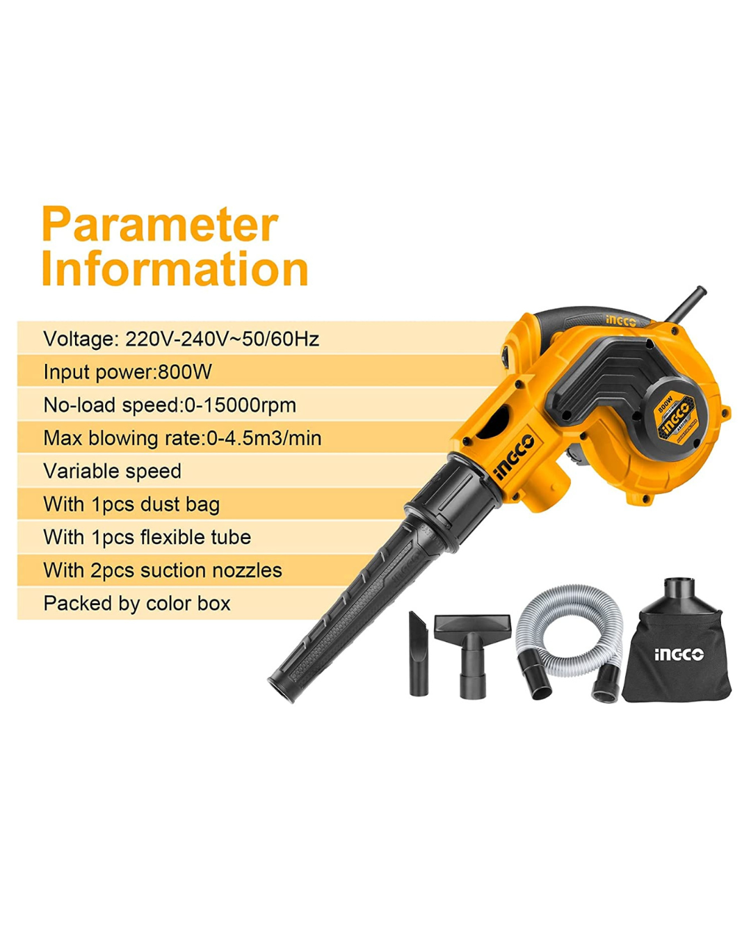Ingco Aspirator Blower 800W with Vacuum- ToolMaster Sri Lanka