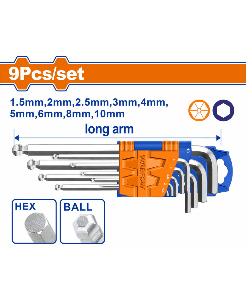 Wadfow Ball Point HEX Allen Key 9Pcs Set - ToolMaster - Sri Lanka's Trusted Powertool Store.