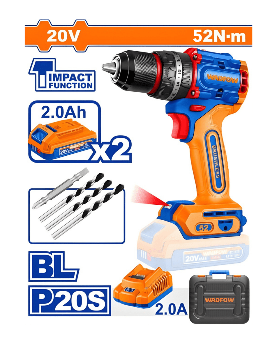 Wadfow Compact Brushless Cordless Impact Drill 20V 52Nm- ToolMaster Sri Lanka